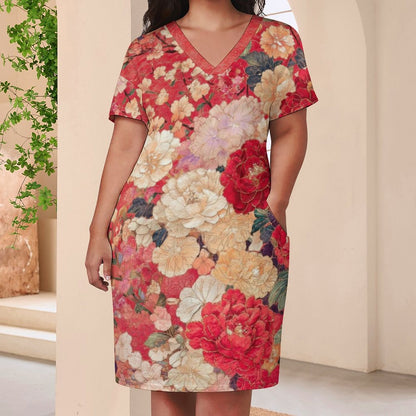 East In Bloom V-Neck Baggy Dress with Pockets