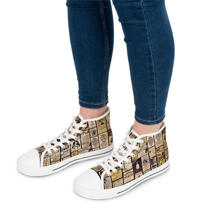 Old Time Remedies Vintage Newspaper Print High Top Sneakers for Women