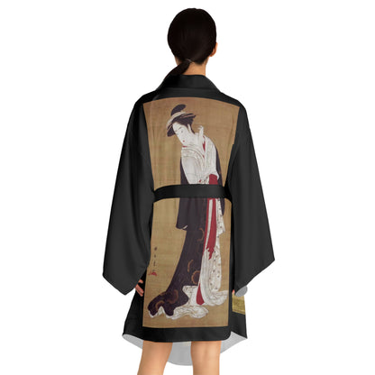 18th-century Japanese painting Katsukawa Shunsho: Standing Beauty (back), Toshun, Japanese, ink and colors on silk (front) Women's Kimono Robe