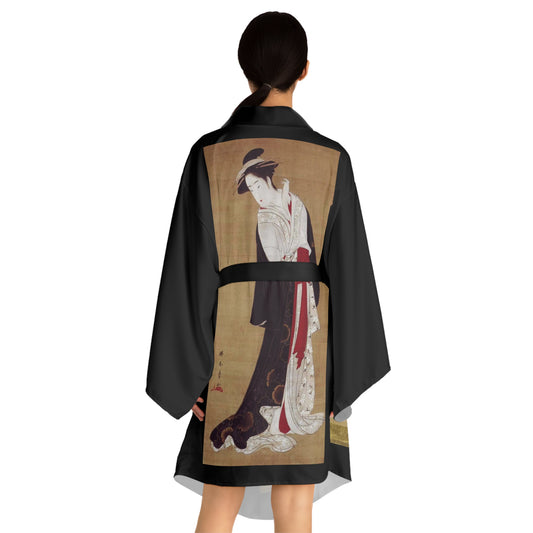 18th-century Japanese painting Katsukawa Shunsho: Standing Beauty (back), Toshun, Japanese, ink and colors on silk (front) Women's Kimono Robe