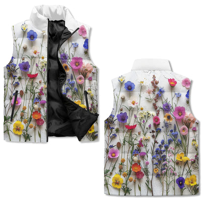 Fresh Flowers Unisex Lightweight Stand Collar Zip Up Puffer Vest
