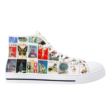 Vintage LIFE Magazine Covers (1924-1929) on Womens High Top Canvas Shoes - Customized Tongue