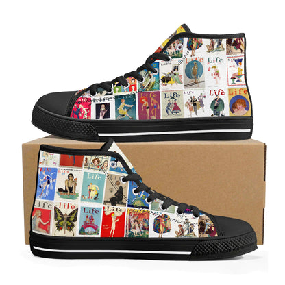 Vintage LIFE Magazine Covers (1924-1929) on Womens High Top Canvas Shoes - Customized Tongue