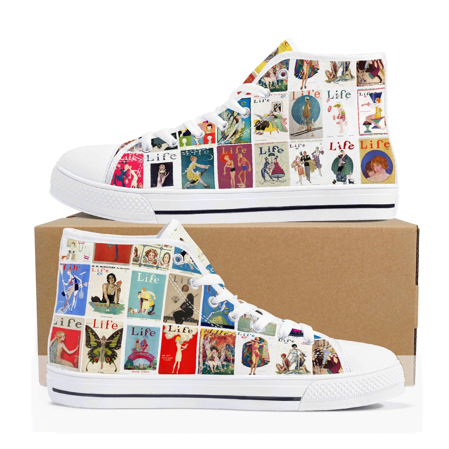 Vintage LIFE Magazine Covers (1924-1929) on Womens High Top Canvas Shoes - Customized Tongue