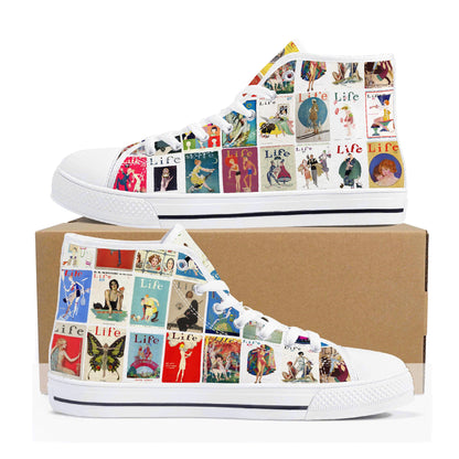 Vintage LIFE Magazine Covers (1924-1929) on Womens High Top Canvas Shoes - Customized Tongue