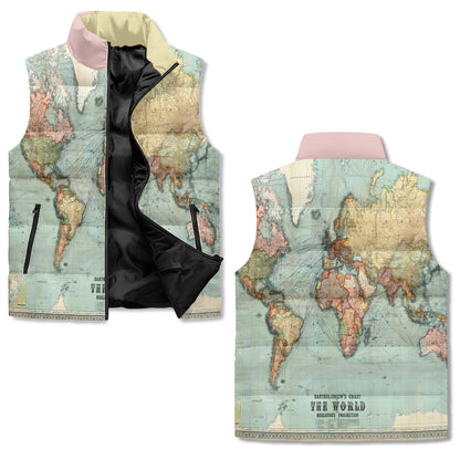 Bartholomews Chart of the World on Mercators Projection (1914), Unisex Lightweight Stand Collar Zip Up Puffer Vest