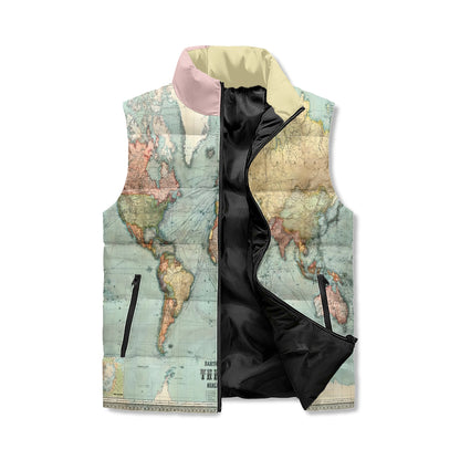Bartholomews Chart of the World on Mercators Projection (1914), Unisex Lightweight Stand Collar Zip Up Puffer Vest