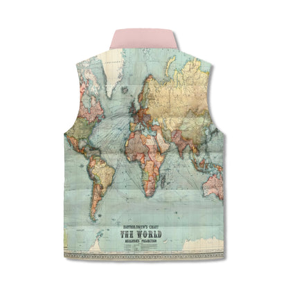 Bartholomews Chart of the World on Mercators Projection (1914), Unisex Lightweight Stand Collar Zip Up Puffer Vest