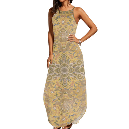 19th Century Chinese Yellow Imperial Print Women’s Elegant Sleeveless Evening Dress