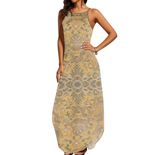19th Century Chinese Yellow Imperial Print Women’s Elegant Sleeveless Evening Dress