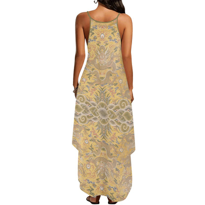 19th Century Chinese Yellow Imperial Print Women’s Elegant Sleeveless Evening Dress