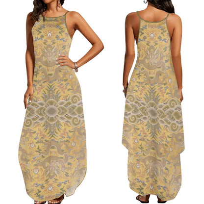 19th Century Chinese Yellow Imperial Print Women’s Elegant Sleeveless Evening Dress