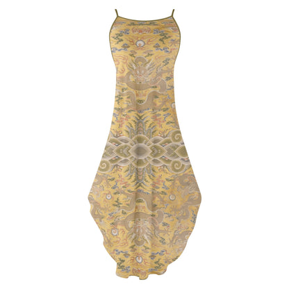 19th Century Chinese Yellow Imperial Print Women’s Elegant Sleeveless Evening Dress