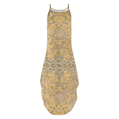 19th Century Chinese Yellow Imperial Print Women’s Elegant Sleeveless Evening Dress