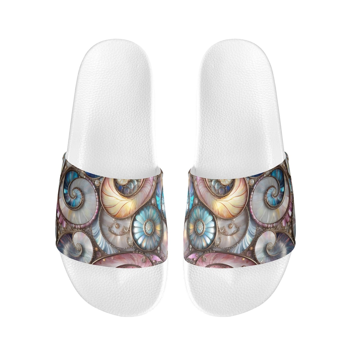 Opalescent Sea Shells, Womens PVC Black and White House Slides Sandals Bathroom Slippers