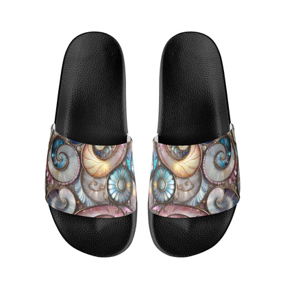 Opalescent Sea Shells, Womens PVC Black and White House Slides Sandals Bathroom Slippers