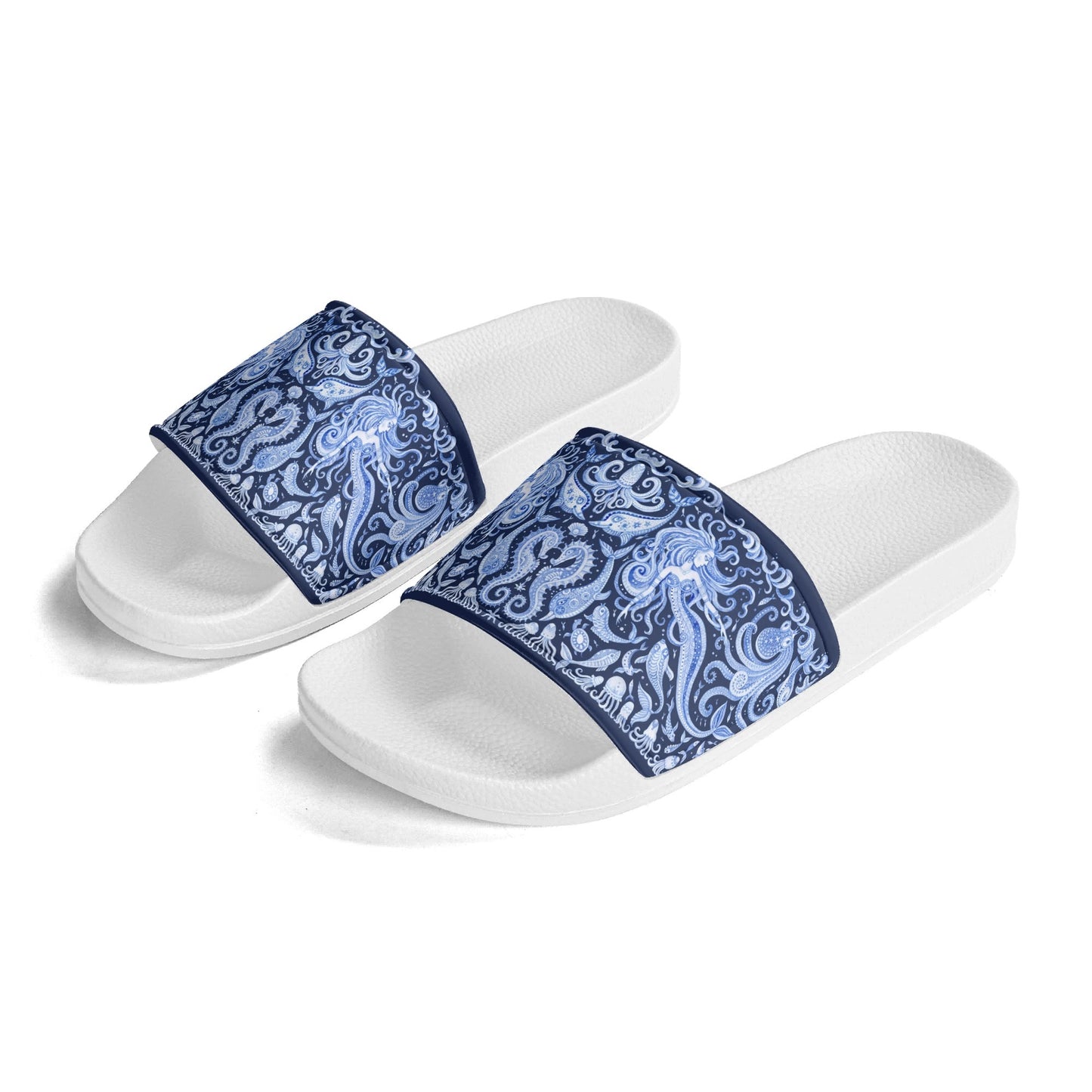 Under the Sea (blue & white) Womens PVC Black and White House Slides Sandals Bathroom Slippers