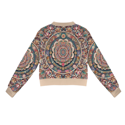 Mandala Casual Long Sleeve Zip-Up Bomber Jacket  (short waist)