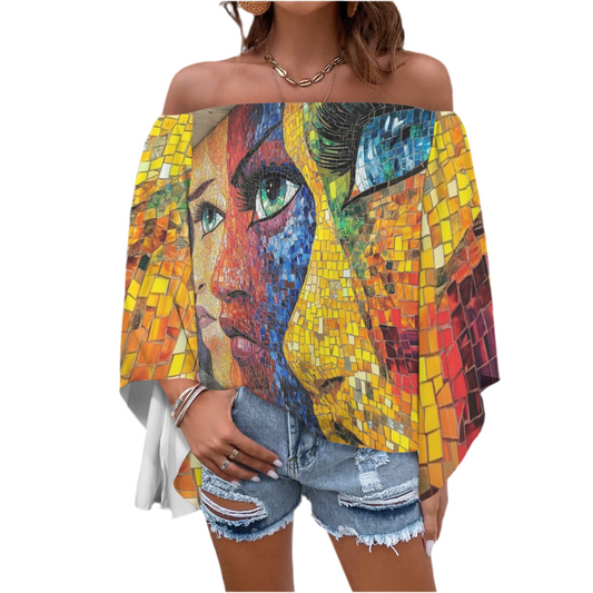 Faces of Many Color Off Shoulder Trumpet Sleeve Blouse