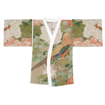 Early 19th Century Kimono, Pheasants amid Peonies-Authentic 19th Century Japanese Kimono Print on Long Sleeve Kimono Robe