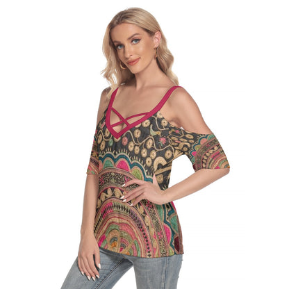 Magenta Mandala
 Women's Cold Shoulder T-shirt With Criss Cross Strips