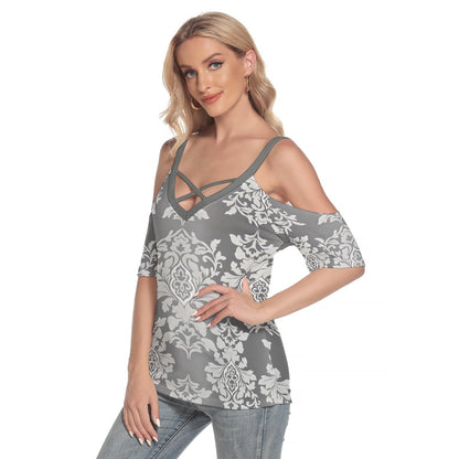 Platinum Rococo Women's Cold Shoulder T-shirt With Criss Cross Strips