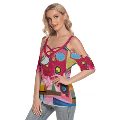 Wassily Kandinsky’s Heavy Red (1924) Women's Cold Shoulder T-shirt With Criss Cross Strips