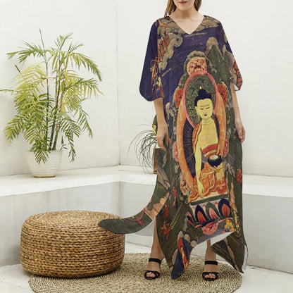 Tonpa Shenrab - Life Story 19th century (1800 - 1899), Women's Imitation Silk V-neck Kaftan Robe