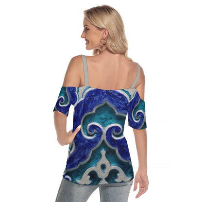 18th Century Blue and Turquoise Decorative Tile Women's Cold Shoulder T-shirt With Criss Cross Strips