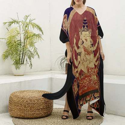 17th Century (1650) Tibeten Thanka of Guhyasamaja Akshobhyavajra, Women's Imitation Silk V-neck Kaftan Robe