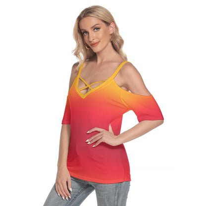 Tequila Sunrise Women's Cold Shoulder T-shirt With Criss Cross Strips