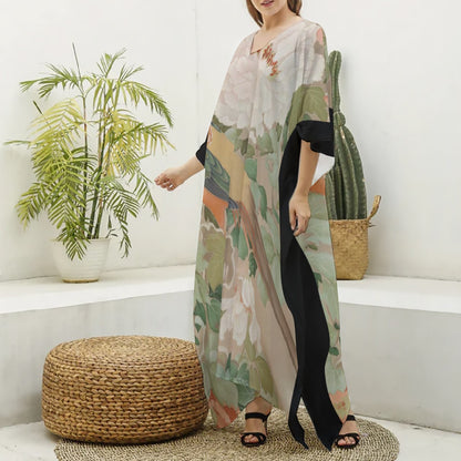 Early 19th Century Kimono, Pheasants amid Peonies-Authentic 19th Century Japanese Kimono Print on Women's Imitation Silk V-neck Kaftan Robe