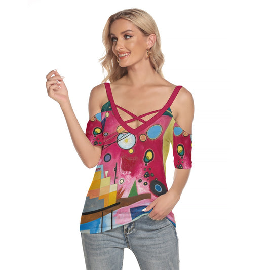 Wassily Kandinsky’s Heavy Red (1924) Women's Cold Shoulder T-shirt With Criss Cross Strips