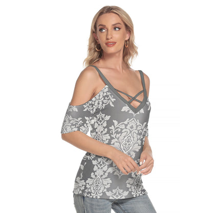 Platinum Rococo Women's Cold Shoulder T-shirt With Criss Cross Strips