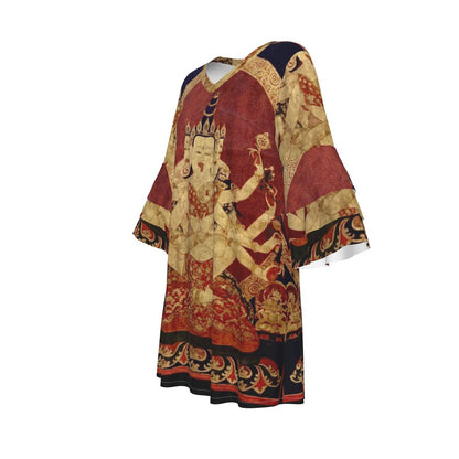 17th Century (1650) Tibeten Thanka of Guhyasamaja Akshobhyavajra, Women's Stacked Ruffle Sleeve Dress