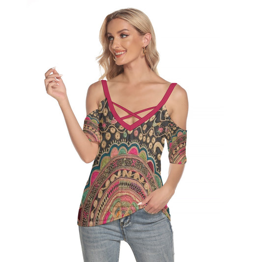 Magenta Mandala
 Women's Cold Shoulder T-shirt With Criss Cross Strips