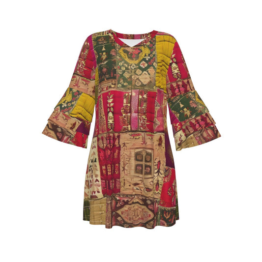 Indian Silk Patchwork, Women's Stacked Ruffle Sleeve Dress