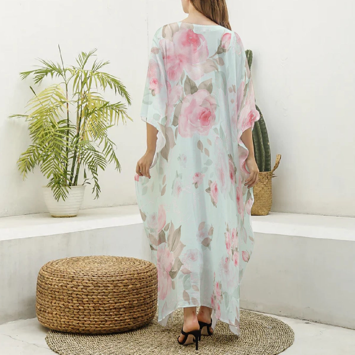 Roses Women's Imitation Silk V-neck Kaftan Robe