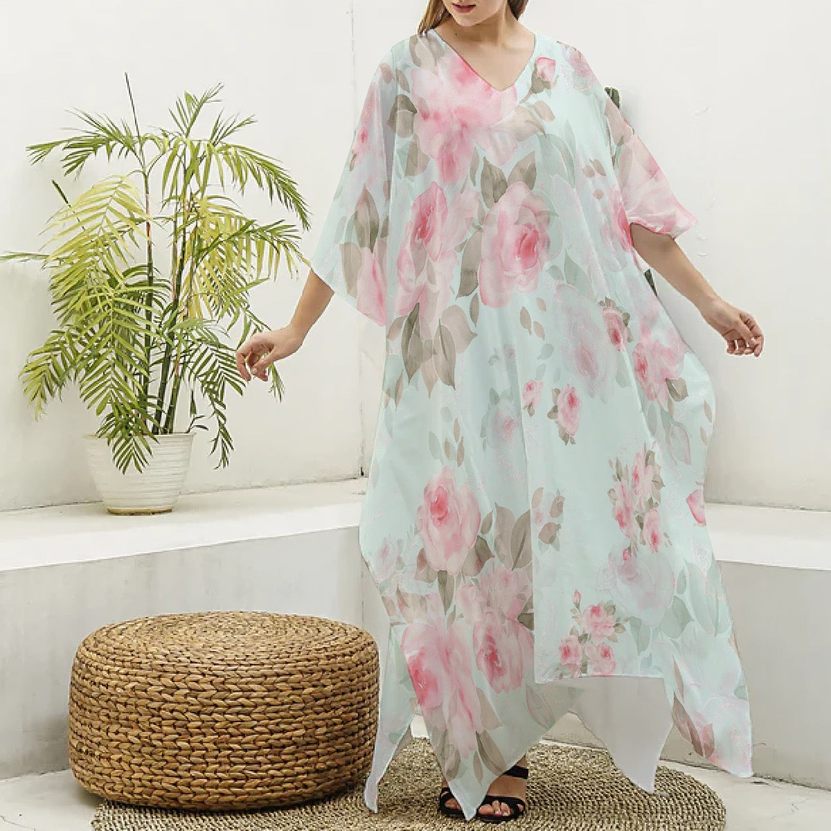 Roses Women's Imitation Silk V-neck Kaftan Robe