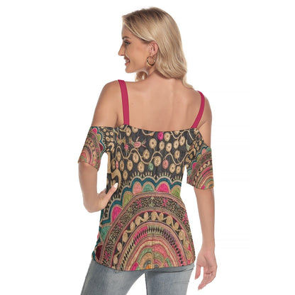 Magenta Mandala
 Women's Cold Shoulder T-shirt With Criss Cross Strips