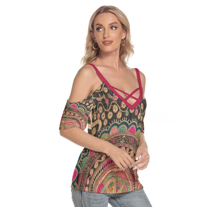 Magenta Mandala
 Women's Cold Shoulder T-shirt With Criss Cross Strips