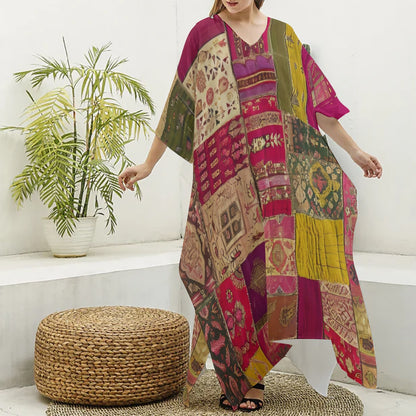 Indian Silk Patchwork Women's Imitation Silk V-neck Kaftan Robe