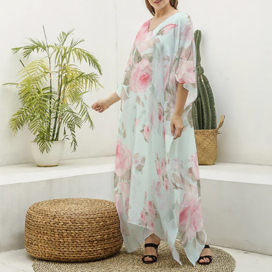 Roses Women's Imitation Silk V-neck Kaftan Robe