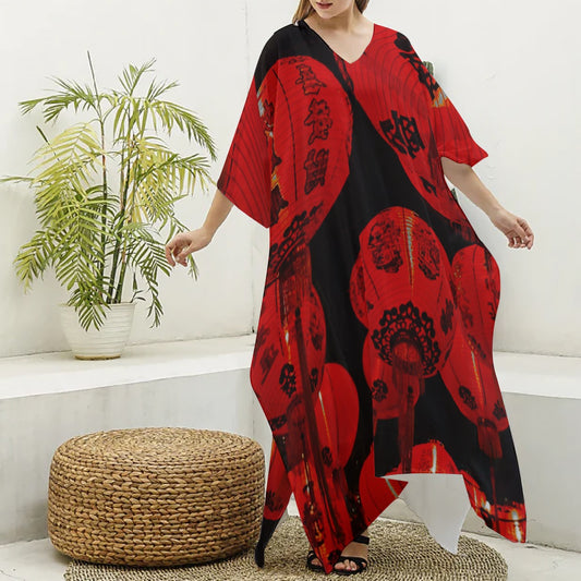 Red Chinese Lantern Women's Imitation Silk V-neck Kaftan Robe