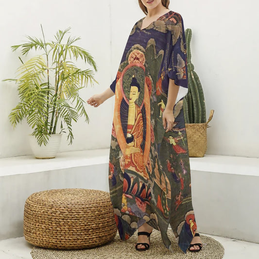 Tonpa Shenrab - Life Story 19th century (1800 - 1899), Women's Imitation Silk V-neck Kaftan Robe