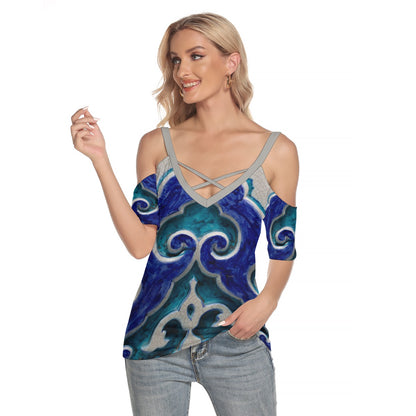 18th Century Blue and Turquoise Decorative Tile Women's Cold Shoulder T-shirt With Criss Cross Strips
