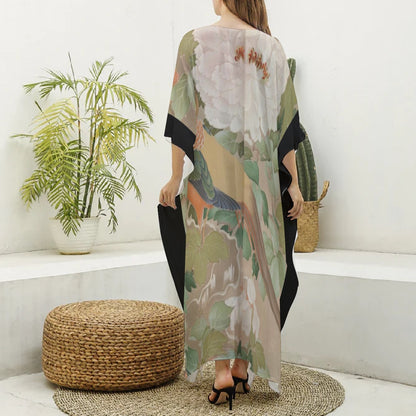 Early 19th Century Kimono, Pheasants amid Peonies-Authentic 19th Century Japanese Kimono Print on Women's Imitation Silk V-neck Kaftan Robe