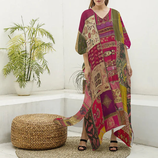 Indian Silk Patchwork Women's Imitation Silk V-neck Kaftan Robe