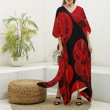 Red Chinese Lantern Women's Imitation Silk V-neck Kaftan Robe