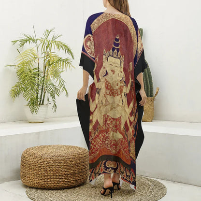 17th Century (1650) Tibeten Thanka of Guhyasamaja Akshobhyavajra, Women's Imitation Silk V-neck Kaftan Robe